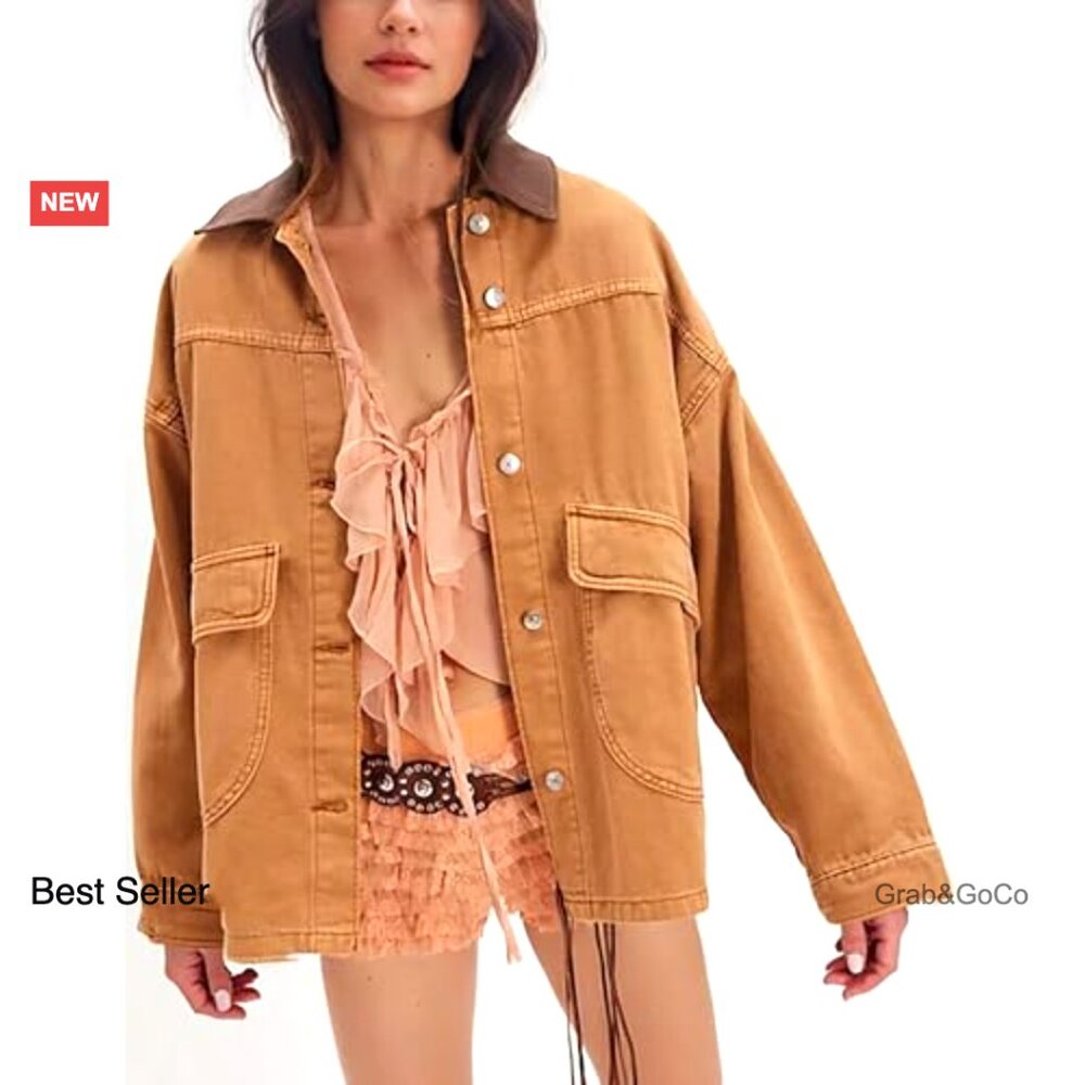 Oversized Denim Barn Jacket Retro Y2K Chic Button Down Big Pockets - Picture 2 of 7